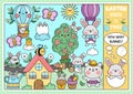 Vector Easter searching game with country house and kawaii characters. Spot hidden rabbits in the picture. Simple spring holiday