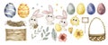 Vector easter set with bunny, chicken, box, basket, nest, flowers and eggs Royalty Free Stock Photo