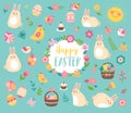 Vector Easter set with cute bunnies, birds, flowers and eggs