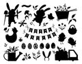 Vector Easter silhouettes set. Vector pack with cute bunny, eggs, bird, chicks, basket black shadows. Spring funny illustration. Royalty Free Stock Photo