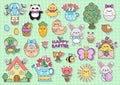 Vector Easter stickers with cute kawaii characters. Traditional spring holiday clipart for kids. Funny badges collection with Royalty Free Stock Photo