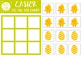 Vector Easter tic tac toe chart with cute chicken and egg. Holiday board game playing field with traditional character. Funny