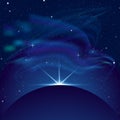 Vector Eclipse illustration, planet in space in blue rays of light vector background. Space with lot of stars Royalty Free Stock Photo