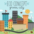 Vector eco city scene. Ecological town landscape with alternative transport, energy concept. Green city illustration with Royalty Free Stock Photo