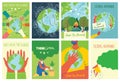 Vector eco illustration cards for social poster, banner or card of saving the planet, human hands protect our earth. Royalty Free Stock Photo