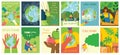 Vector eco illustration cards for social poster, banner or card of saving the planet, human hands protect our earth. Royalty Free Stock Photo