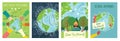 Vector eco illustration cards for social poster, banner or card of saving the planet, human hands protect our earth. Royalty Free Stock Photo