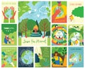 Vector eco illustration cards for social poster, banner or card of saving the planet, human hands protect our earth. Royalty Free Stock Photo