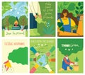 Vector eco illustration cards for social poster, banner or card of saving the planet, human hands protect our earth. Royalty Free Stock Photo