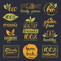 Vector eco,organic,bio logo cards templates. Handwritten healthy eat icons set. Vegan, natural food and drinks signs. Royalty Free Stock Photo