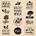 Vector eco, organic, bio logos. Handwritten healthy eat logotypes set. Vegan, natural food and drinks signs. Royalty Free Stock Photo