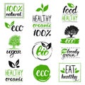 Vector eco, organic, bio logos. Handwritten healthy eat logotypes set. Vegan, natural food and drinks signs.