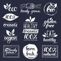 Vector eco, organic,bio logos. Vegan, natural food and drink signs. Farm market,store icons collection. Raw meal labels. Royalty Free Stock Photo