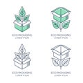 Vector eco packaging logo, icon or emblem design template. Linear style box with green growing plant and leaves. Royalty Free Stock Photo