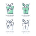 Vector eco packaging logo, icon or emblem design template. Sketch box illustration with bow from green leaves.