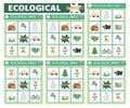 Vector ecological bingo cards set. Fun family lotto board game with cute eco awareness symbols for kids. Earth day lottery