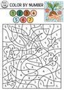 Vector ecological color by number activity with hands holding plant. Eco awareness scene. Black and white counting game with cute