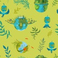 Vector ecological seamless pattern with cute planet Earth