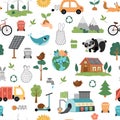 Vector ecological seamless pattern for kids. Earth day repeat background with cute children, planet, waste recycling concept.