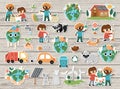 Vector ecological stickers set for kids. Earth day patches collection with cute children, planet, waste recycling concept.