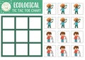 Vector ecological tic tac toe chart with cute kids saving water and electricity. Eco awareness board game playing field. Funny