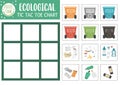 Vector ecological tic tac toe chart with rubbish containers and waste. Eco awareness board game playing field. Zero waste Earth