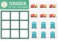 Vector ecological tic tac toe chart with waste truck and container. Eco awareness board game playing field. Funny Earth day