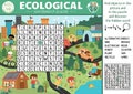 Vector ecological wordsearch puzzle for kids. Earth day word search quiz with eco city landscape. Eco awareness educational