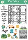 Vector ecological wordsearch puzzle for kids. Earth day word search quiz with forest, mountains, waste sorting, planet. Eco