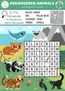 Vector ecological wordsearch puzzle for kids with endangered species. Earth day word search quiz with extinct animals in the wild