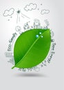 Vector ecology concept creative drawing on green leaf Royalty Free Stock Photo