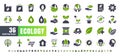 Vector of 36 Ecology and Green Energy Power Bicolor Solid Glyph Icon Set. 48x48 and 192x192 Pixel Perfect