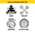 vector editable eps file with four icons representing stability, mindbody, freedom, and deep focus centered concepts Royalty Free Stock Photo