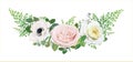 Vector editable floral bouquet illustration. White anemone flower, pink quartz, light yellow roses, fern leaves, eucalyptus Royalty Free Stock Photo