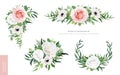 Vector, editable floral bouquet, wreath decorative designer set. Tender spring white anemone flowers, ivory peach roses,