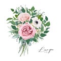 Vector, editable floral watercolor style bouquet illustration. Stylish, elegant mauve, dusty pink garden roses, anemone, lovely,