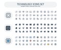 Vector Editable stroke, solid, color style icons set with digital technology, computing outline symbols Royalty Free Stock Photo