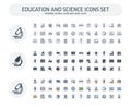 Vector Editable stroke, solid, color style icons set with education, science and laboratory research outline symbols Royalty Free Stock Photo