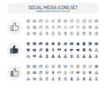 Vector Editable stroke, solid, color style icons set with social media, network outline symbols.