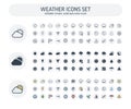 Vector Editable stroke, solid, color style icons set with weather and meteo outline symbols.