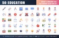 Vector of 50 Education and School Subject. Flat Gradient Color Icon Set. 64x64 and 256x256 Pixel. Vector