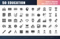 Vector of 50 Education and School Subject solid Glyph Icon Set. 64x64 and 256x256 Pixel
