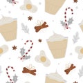 Vector egg nog seamless pattern. Winter traditional warming drink repeating background