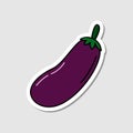 Vector eggplant sticker in cartoon style. Isolated vegetable with shadow. Flat simple icon with black lines