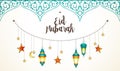 Vector Eid Mubarak card with lantern, calligraphy, moon. Royalty Free Stock Photo