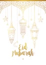Vector Eid Mubarak card with lantern, calligraphy, moon. Royalty Free Stock Photo
