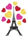 Vector Eifel Tower Paris Bursting With St Valentines Day Pink Red Golden Hearts Of Love. Perfect for travel themed