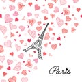 Vector Eifel Tower Paris Greeting Card Bursting With St Valentines Day Pink Red Hearts Of Love. Perfect for travel