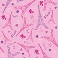 Vector Eifel Tower Paris Love Pink Purple Drawing Seamless Pattern with romantic hearts. Perfect for travel themed