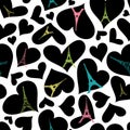 Vector Eifel Tower Paris Seamless Repeat Pattern Bursting With St Valentines Day Black Hearts Of Love. Perfect for